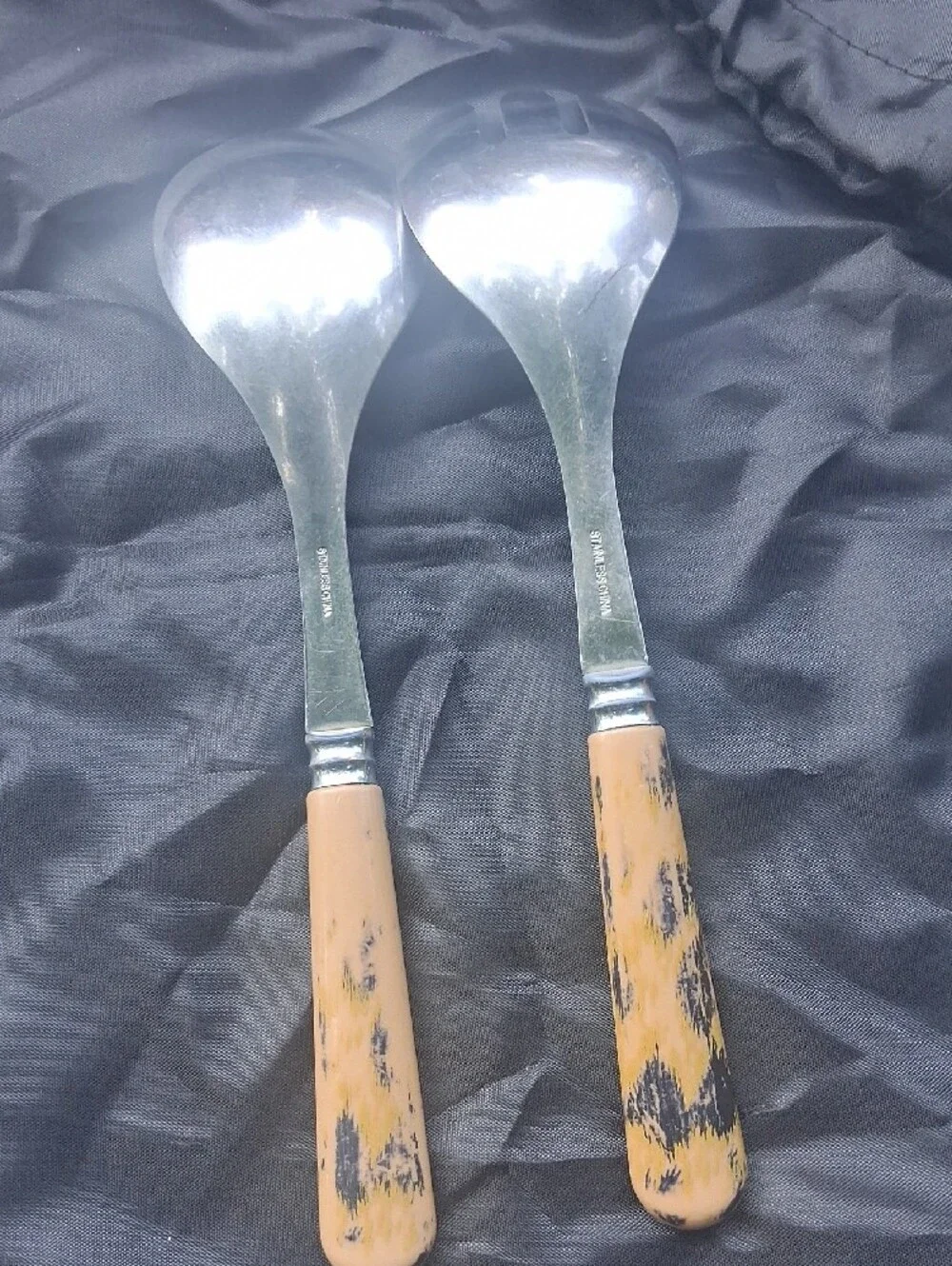 Wood-Handled Serving Spoon and Fork Set - Black & Tan Handles
